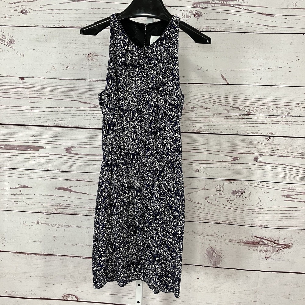 Leona 100% Silk Dress Blue Print Sleeveless Fit Flare Lined Womens Small